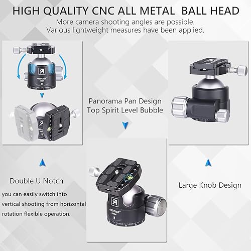 Miniatura 5 de Cabezal de trípode de perfil bajo de 2126in con 2 placas Arca Swiss de liberación rápida profesional de metal resistente 360 cabeza de bola