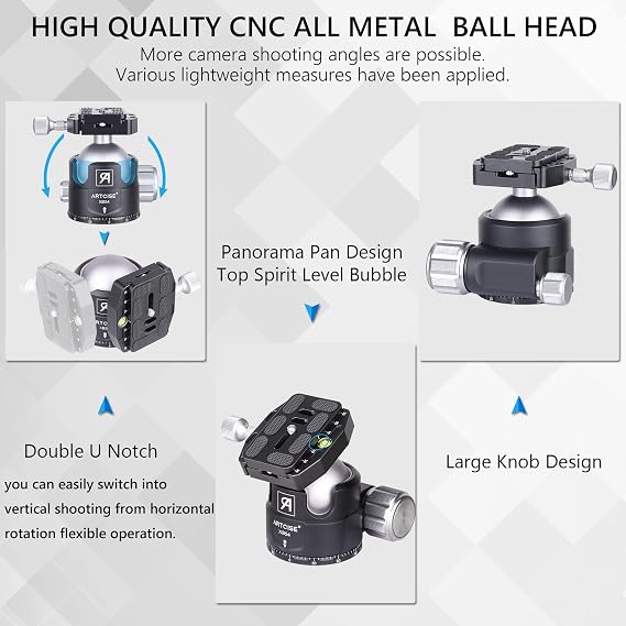 54mm Low Profile Tripod Head with 2 Arca Swiss Quick Release Plates Professional Heavy Duty Metal 360 Rotating Panoramic Ball Head for DSLR Camera Camcorder Max Loading 77.2lbs/35kg