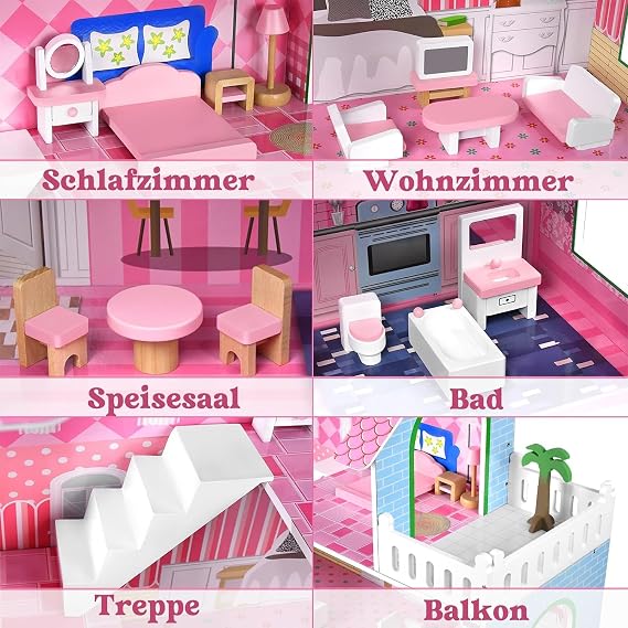 HENGMEI Dollhouse Children's Wooden Dollhouse Set Girls Play Set 3 Levels House with Furniture and Accessories 70 x 30 x 100 cm Dollhouses for Children (Type B)