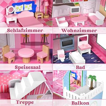 HENGMEI Dollhouse Children's Wooden Dollhouse Set Girls Play Set 3 Levels House with Furniture and Accessories 70 x 30 x 100 cm Dollhouses for Children (Type B)