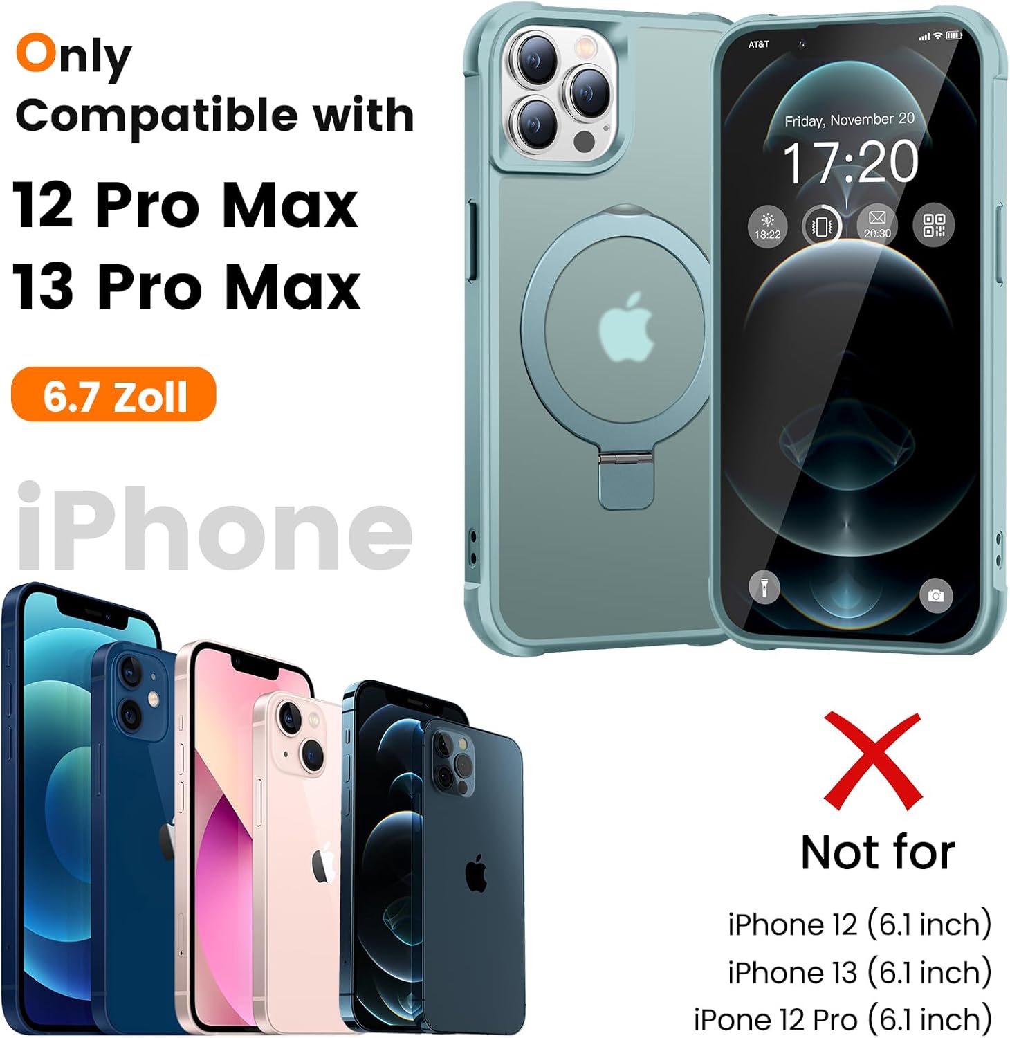 Magnetic Ring Stand Case for iPhone 12 Pro Max/13 Pro Max - 120° rotatable Stand, Shockproof, N52 Magnet, matt Transparent Back, Non-Slip, Easy to Clean, Drop Protection (Lake Blue)