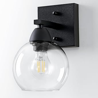 Bathroom Light Fixtures, 1-Light Matte Black Vanity Light with Hand-Blown Globe Glass Shade, High Clarity & Durable, Wall Sconce for Mirror, Kitchen, Bedroom, Hallway