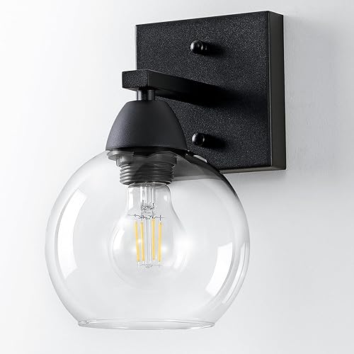 Ruibutrade Bathroom Light Fixtures, 1-Light Matte Black Vanity Light with Hand-Blown Globe Glass Shade, High Clarity & Durable, Wall Sconce for Mirror, Kitchen, Bedroom, Hallway