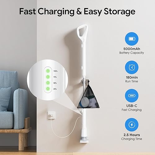 Miniatura 8 de Cepillo eléctrico giratorio 2025, nuevo cepillo de limpieza inalámbrico, cepillo de limpieza de ducha con 7 cabezales de cepillo reemplazables,