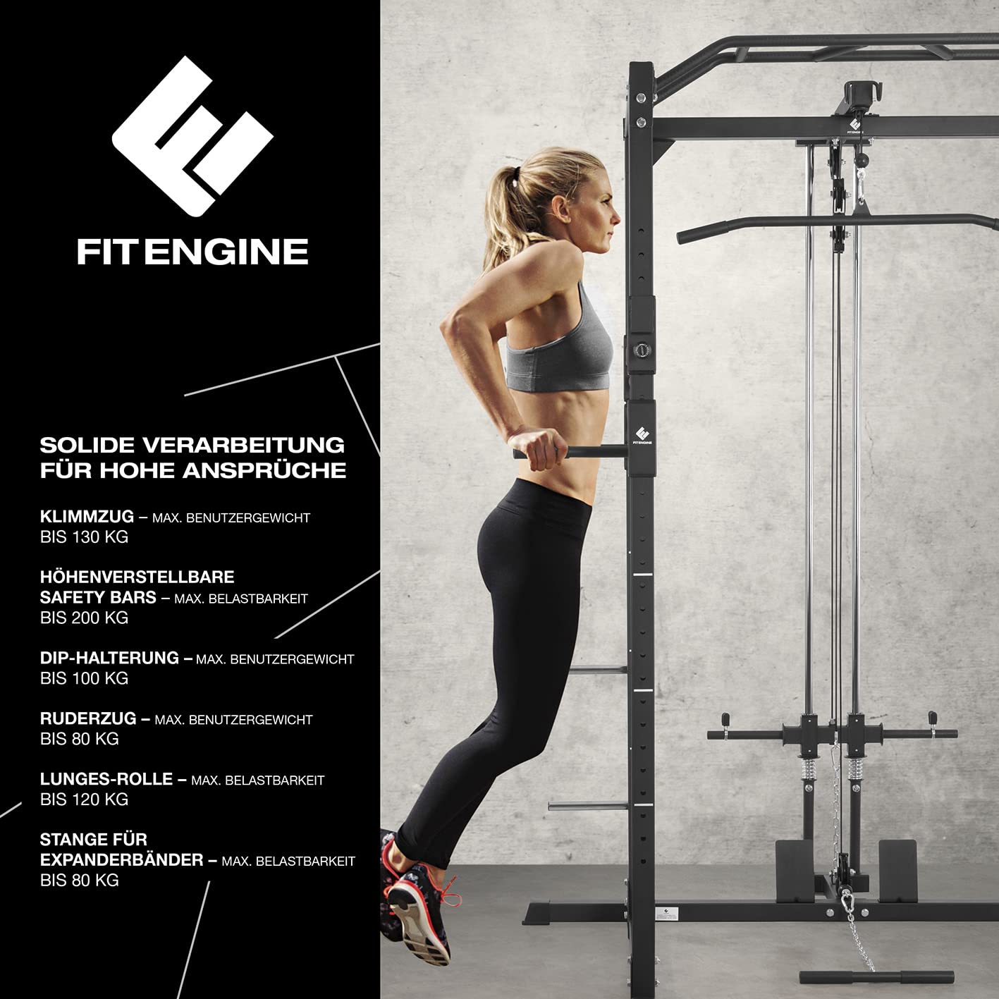 FitEngine Power Rack | Power Cage mit Latzug, Kabelzug, Dip-Station + Klimmzugstange | Variabel einstellbare Spotter für Langhantel