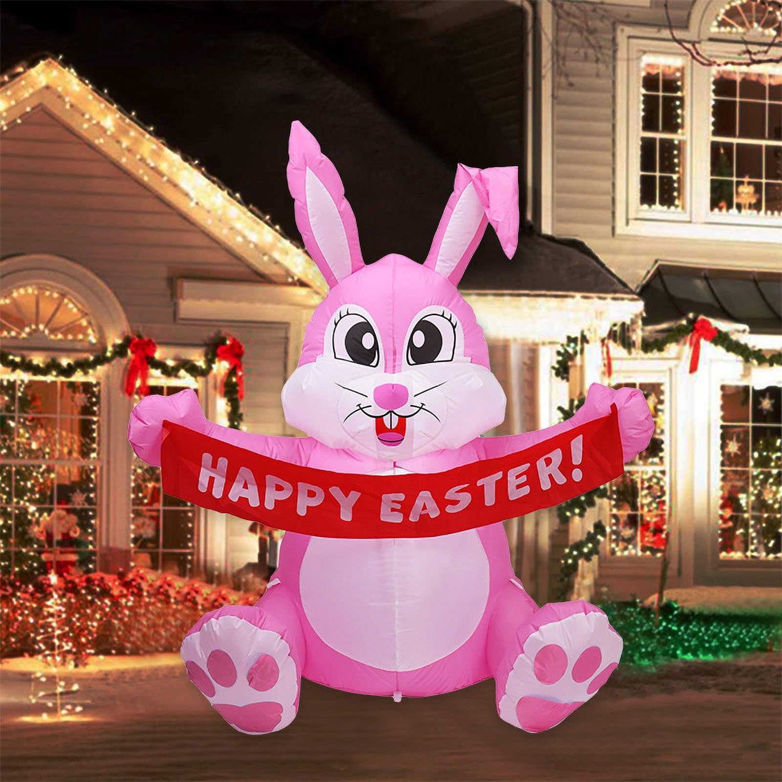 Generisch Niedlicher aufblasbarer Osterhase mit Banner, riesiger rosa Hase für Urlaub, Party, Innen- und Außenbereich, 1,5 m