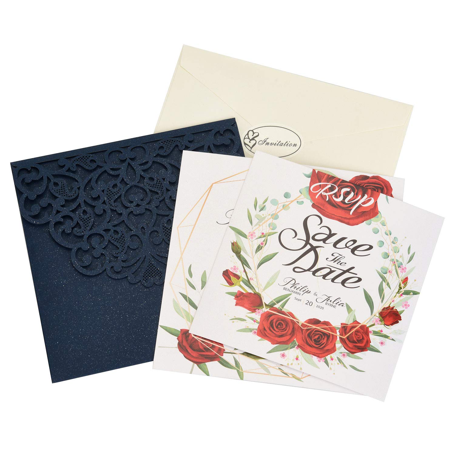 CYSKY Carte D'invitation De Mariage 50 Pièces Laser Cut Kit D'invitations De Mariage Avec Papier Imprimable Vierge Et Enveloppes Pour La Remise Des