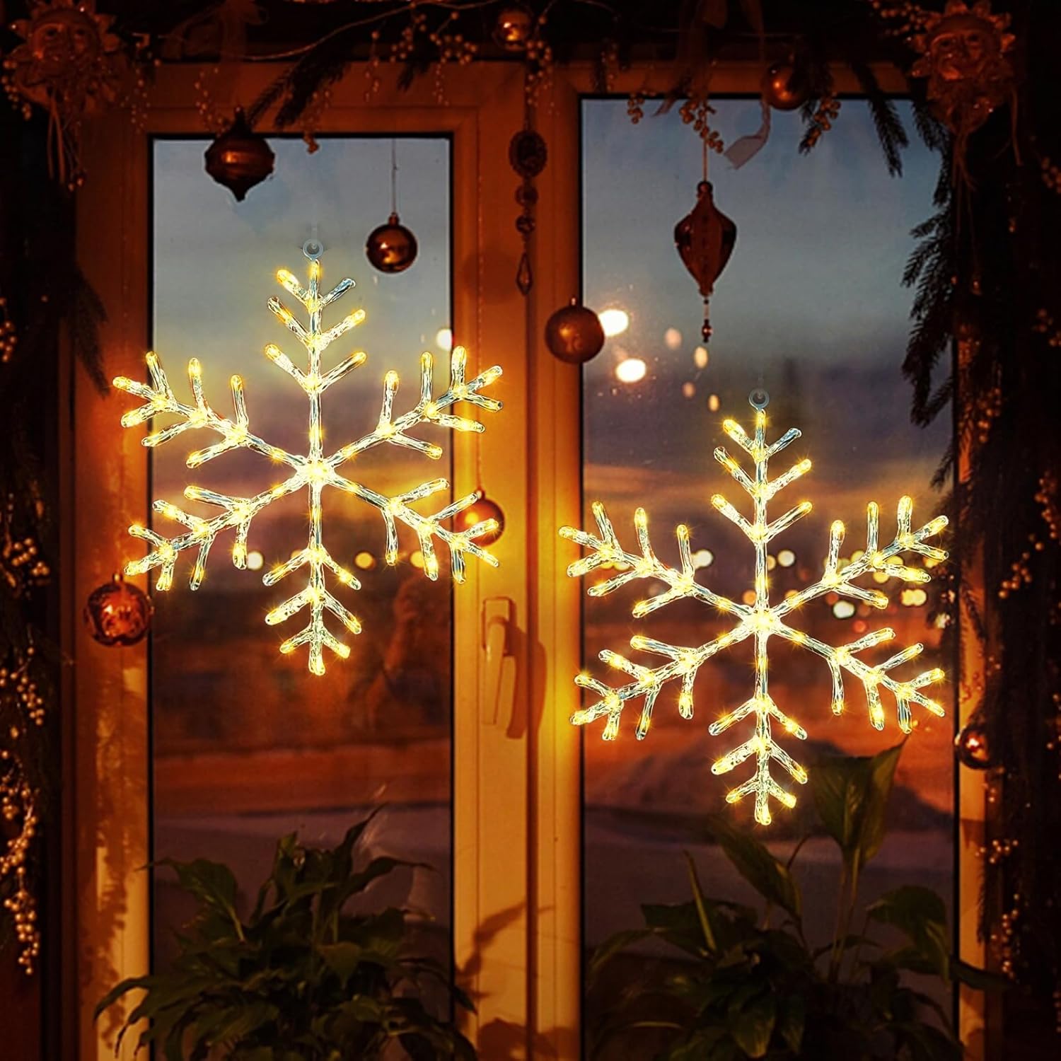 Christmas Decorations, 2 Pack Christmas Window Lights Snowflake Decorations, Snowflake Lights with 8 Lighting Modes for Holiday Indoor and Outdoor Wall Door Glass Decoration(Warm White)