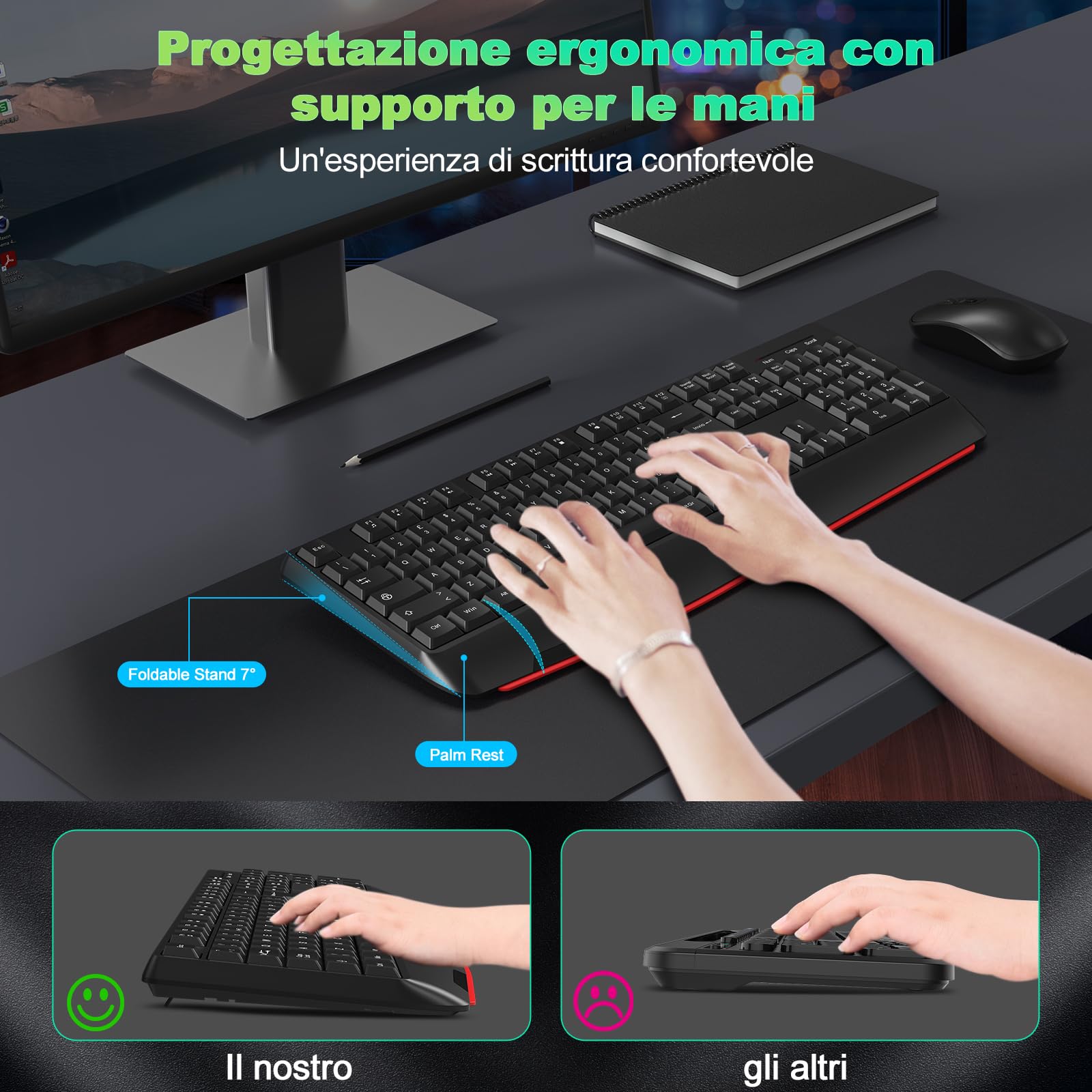 cimetech Tastiera e mouse wireless, tastiera ergonomica 2.4G per computer portatili con poggiapolsi, tastierino numerico, 1600DPI per computer portatili PC (Layout Italiano QWERTY - Nero)