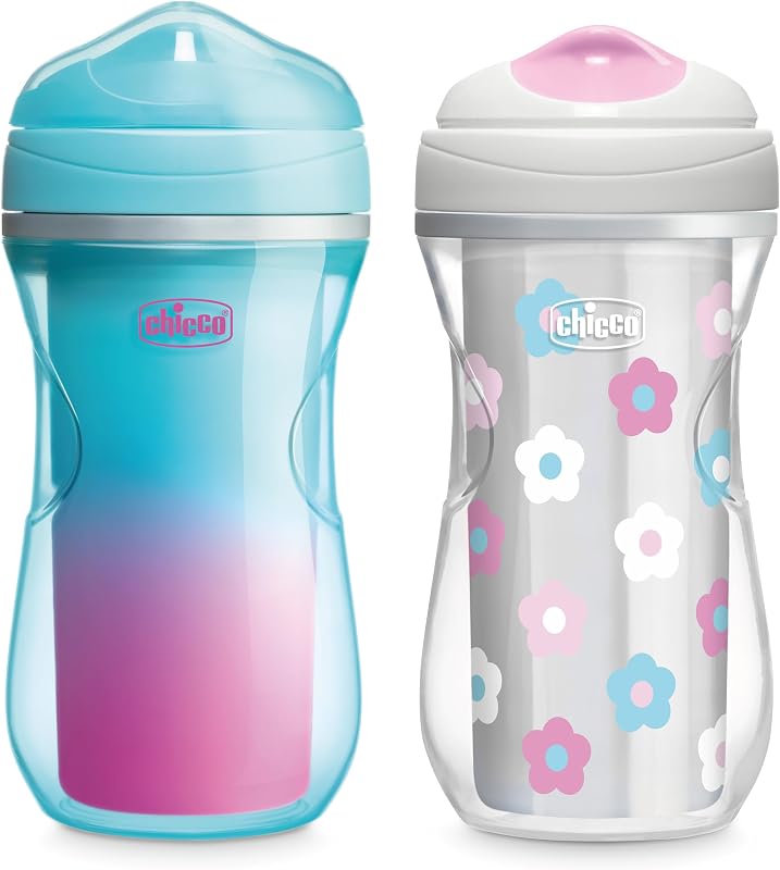 Chicco Insulated Sippy Cup, 9oz, 12+ Months, 2-Pack | Toddler Training Cup, Bite-Resistant No-Spill Rim Spout, Double-Wall, BPA-Free