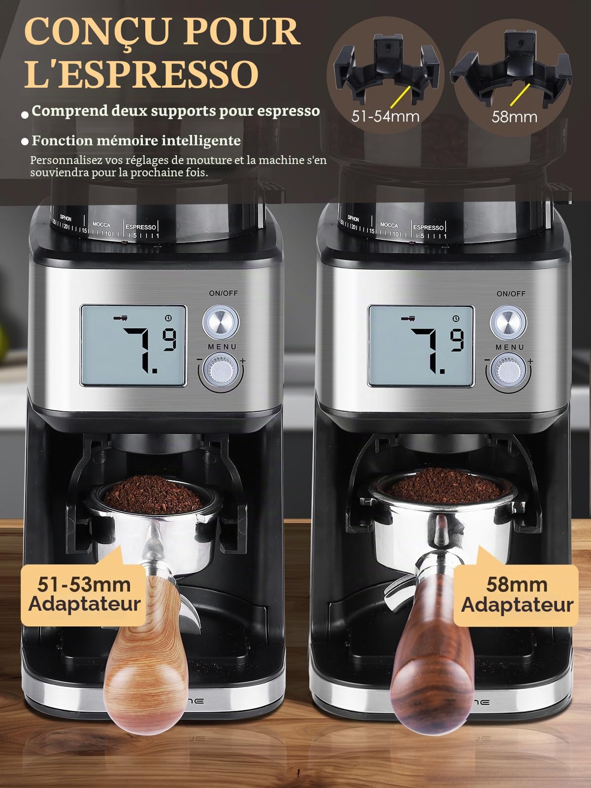 Homtone Moulin à Café Électrique à Meule Conique - Broyeur à café avec 51 Réglages de Mouture, Support Amovible, Récipient Inclus – Pour Espresso, Café Filtre, Infusion à Froid (Argent)