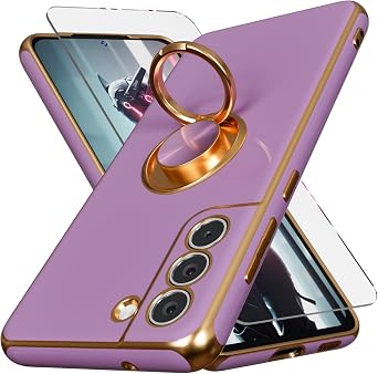 for Galaxy S21 FE Case,+Screen Protector,with Magnetic Kickstand,Built-in 360 Rotation Ring Holder,Plating Gold Edge Slim Soft TPU Shockproof Protective Case for Samsung Galaxy S21 FE, Purple