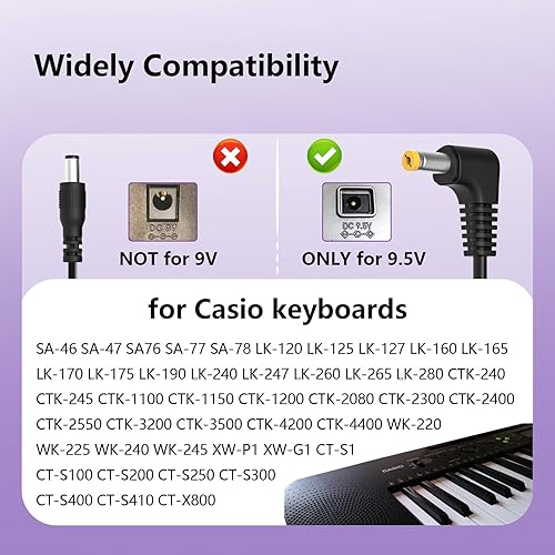 Miniatura 3 de Cargador de fuente de alimentación de 9.5 V para Casio ADE95100LU Casio Piano Keyboard SA76 SA77 SA46 CTK-2080 CTK-2550 CTK-3200 Reemplazo