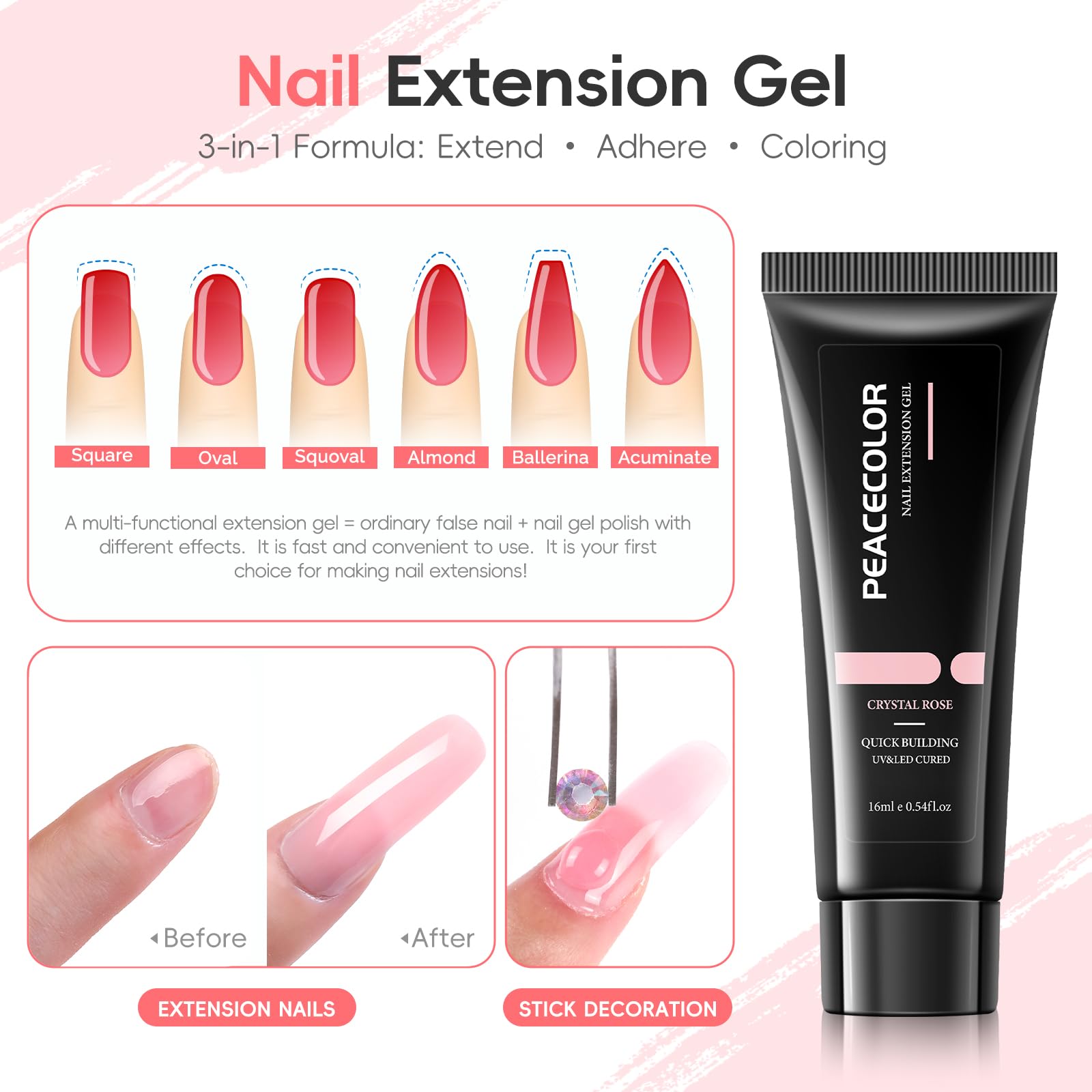 PEACECOLOR Kit Unghie Gel Completo Set Unghie Gel Ricostruzione 6 Colori Nudo Bianco Trasparente 16ml Set con Base y Top Coat per Principianti al Fai Da Te a Casa