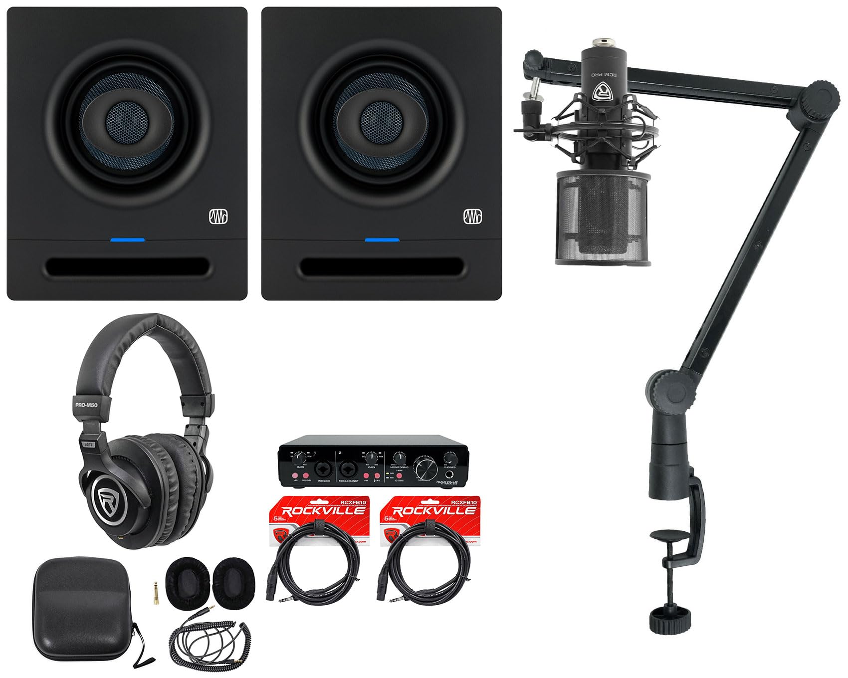 Audiosavings Bundle:(2) Presonus Eris Pro 4 Speaker Bundle with (1) R-Track Recording Interface, (1) RCM PRO Microphone, (1) PRO-M50 Headphones, (1) Rogan Stand Mic Stand, (2) RCXFB10B Cable Black
