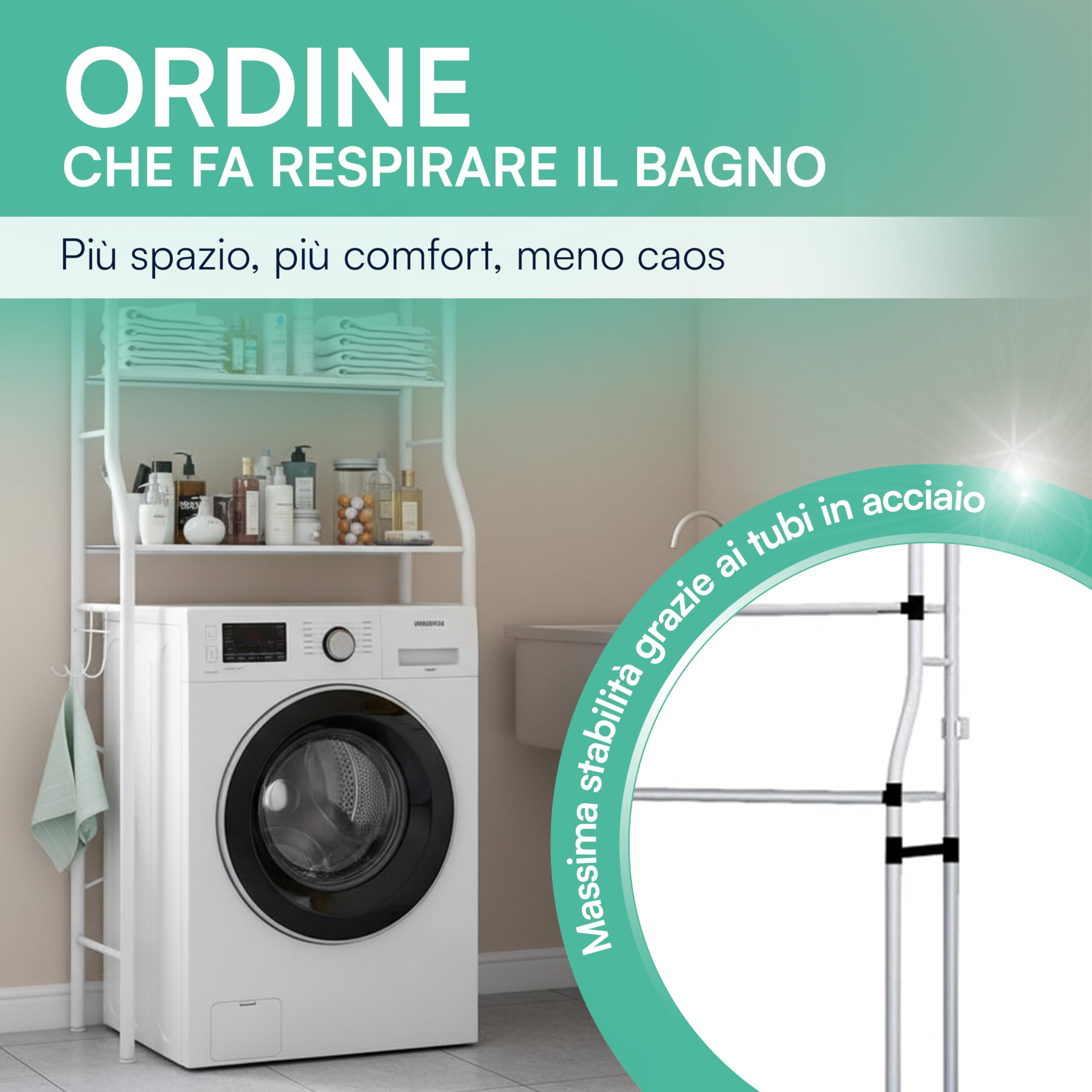 tempo di saldi Scaffale Lavatrice Salvaspazio in Acciaio con 3 Ripiani circa 152x65x25 cm, Mobile Sopra Lavatrice Salvaspazio Solido, Organizer Lavanderia e Bagno Resistente e Facile da Montare