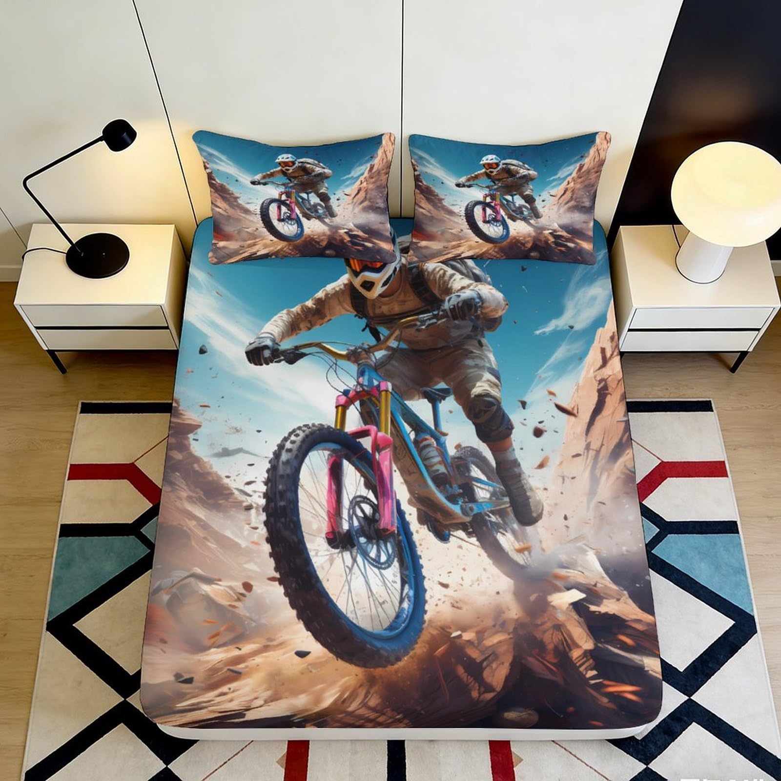 Uxinyoume Style-3 3D Printed Mountain Biking Fitted Sheet Microfiber Breathable Extreme Sports Bed Cover For Bedroom Dorm Decor 90X200x25cm