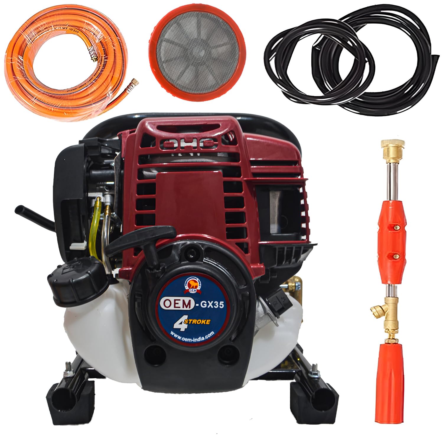 OEM Portable Power Pressure Sprayer Pump with 4 Stroke Advanced Technology Petrol Engine, Spray Gun, 15 Meter Hose Pipe for Pesticides, Agriculture Use, Gardening - GX-35