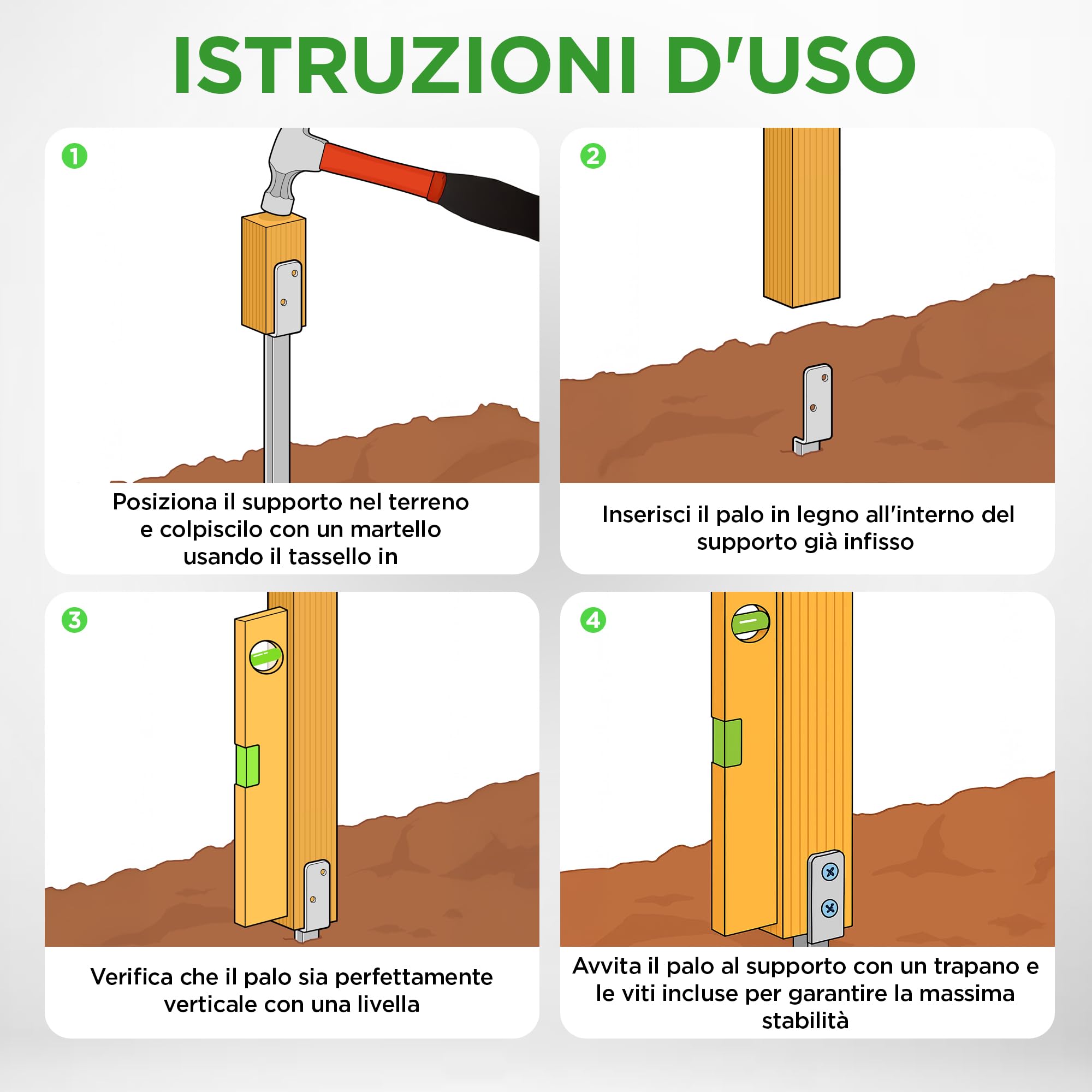Set di 4 Supporti a L per Ancoraggio a Terra per Altalene | 50 cm in Acciaio Zincato a Caldo | Ideale per Altalene e Giardino | Include Viti, Guanti, Blocco di Legno ed eBook