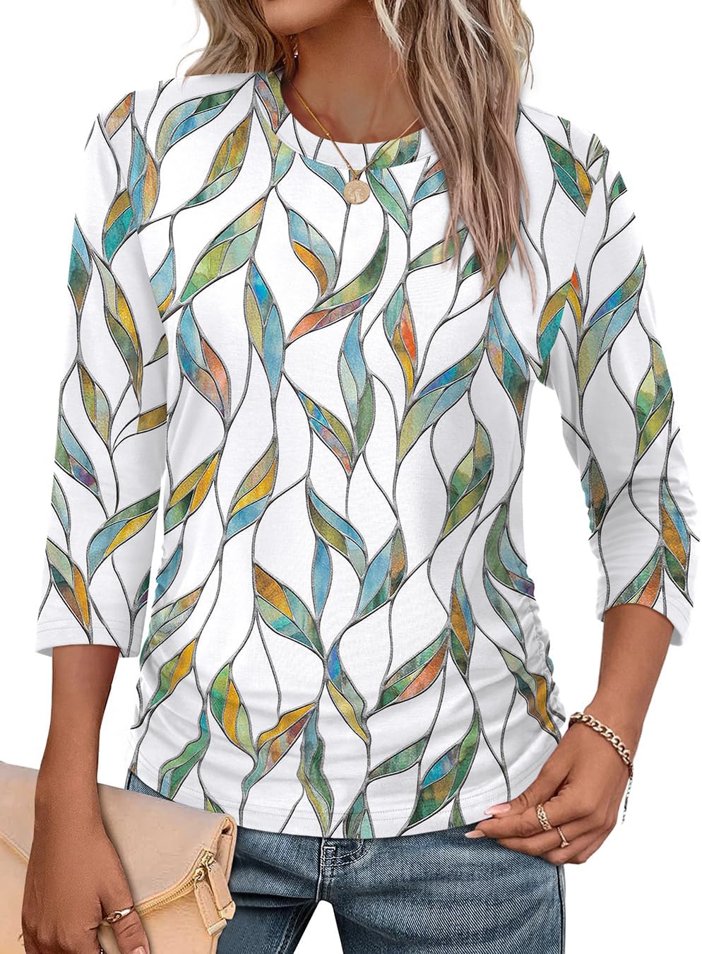 WIHOLL Womens 3/4 Length Sleeve Tops Crewneck Ruched...