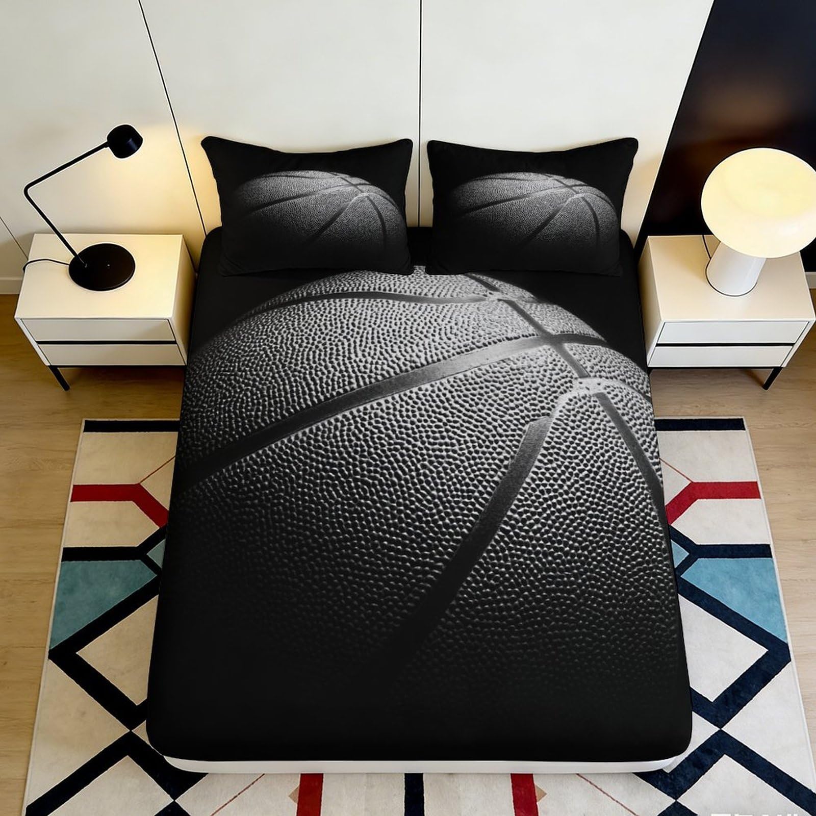 3D Printed Basketball Fitted Sheet Microfiber Deep Pocket Non-Slip Bedding, Full Wrap Basketball Mattress Fitted Cover for Bedroom Adult Teen 200x200x25cm 90x200x25cm