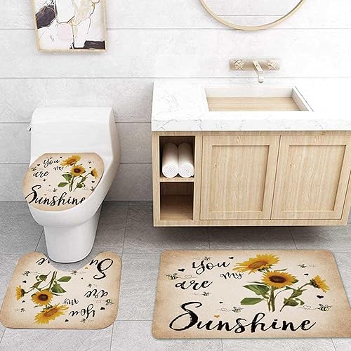 Miniatura 2 de Juego de 4 cortinas de ducha de girasol con alfombras antideslizantes, cubierta de tapa de inodoro, alfombra de baño y cortina de ducha impermeable