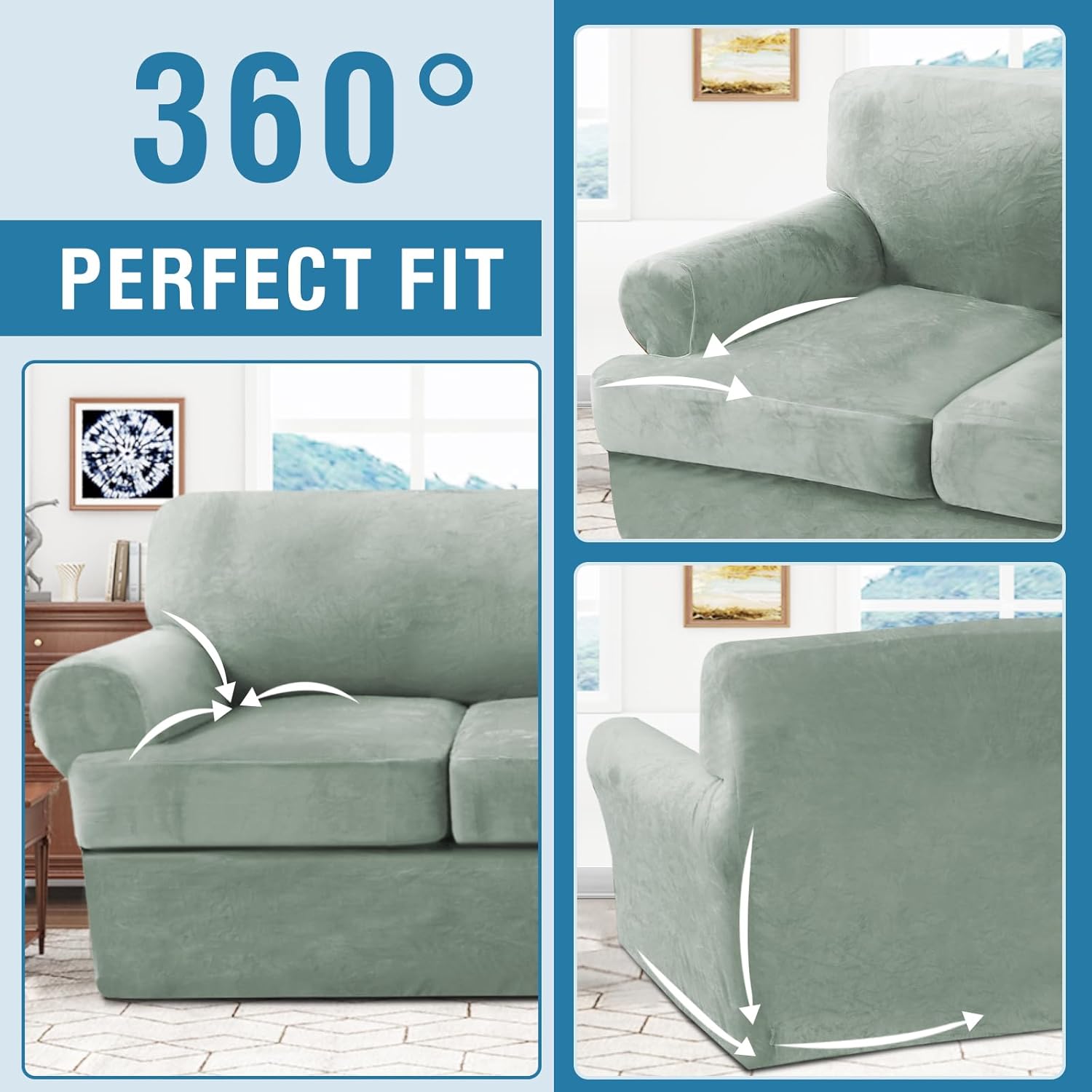 H.VERSAILTEX Sofa Cover 2 Piece T Cushion Armchair Slipcovers Thick Velvet Couch Cover Stretch T Cushion Sofa Covers for 1 Cushion Couch with 1 Individual T Cushion Covers Washable, Sea Grass