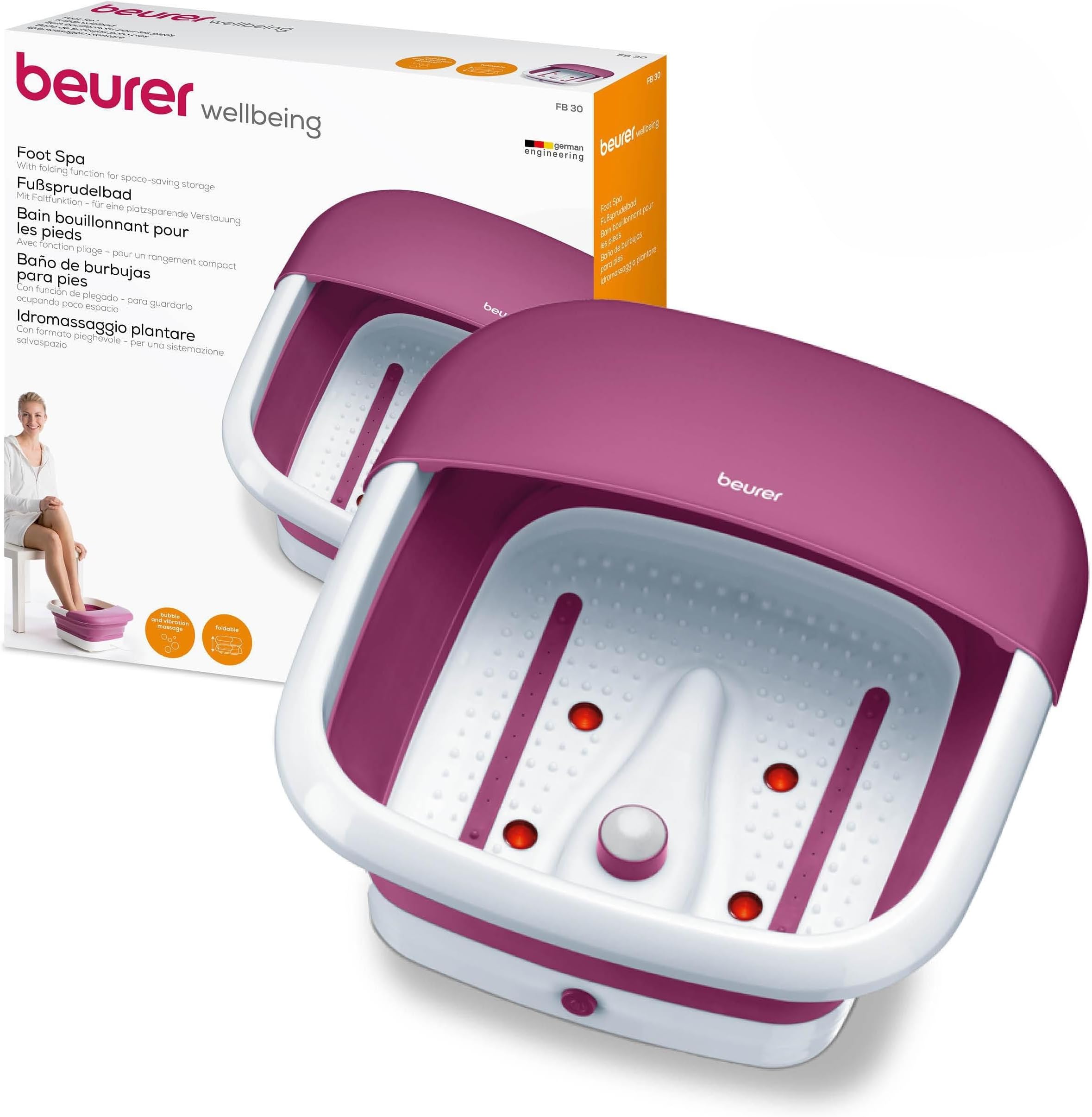 FB 30 Foldable Foot Spa – Collapsible Heated Foot Bath with Bubble & Vibration Massage, 3 Functions, Pedicure Attachment & Compact Design – Relaxation & Foot Care at Home – German Quality