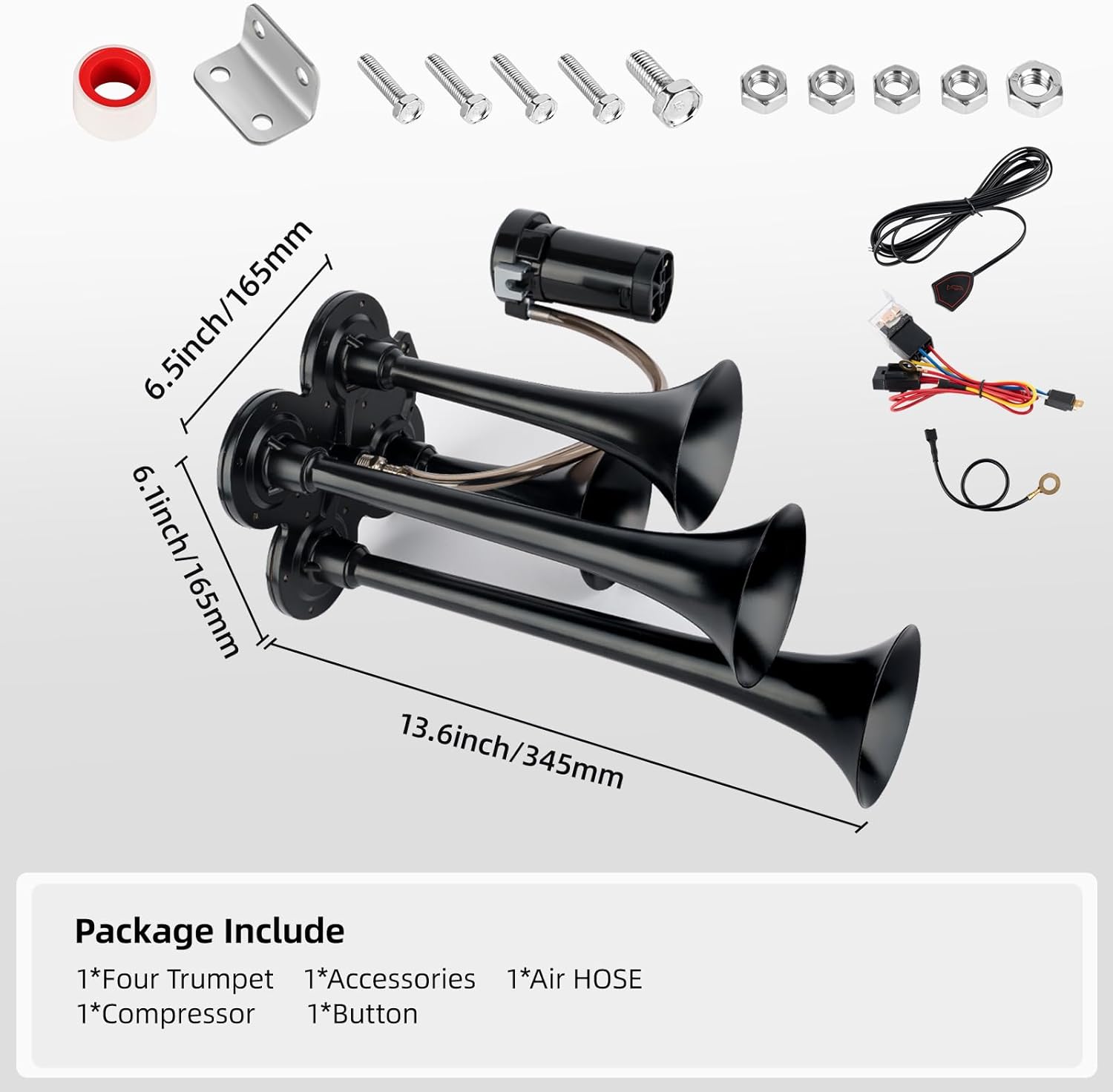 150db 12V Train Horn Kit，4 Speakers with button， Air Horn With Compressor Compatible For Trucks Cars Semi Trailers Pickup Motorhome SUV Truck Train And Other Vehicles， Ultra Loud BD Wiring Harness