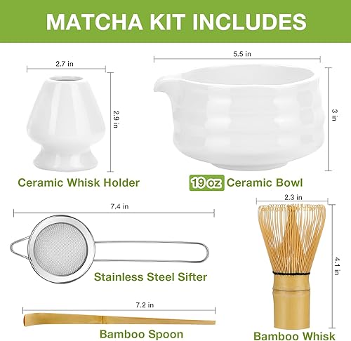 Miniatura 2 de Juego de batidor de matcha, juego de té japonés (5 piezas) incluye cuenco de matcha con boquilla (19 onzas), batidor de bambú y cuchara de matcha,