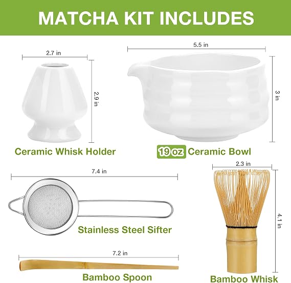 Matcha Whisk Set, Japanese Tea Set (5pcs) includes Matcha Bowl with Spout (19 oz), Bamboo Whisk and Matcha Scoop, Whisk Holder, Stainless Steel Sifter, Tea Making Tools, Matcha Kit