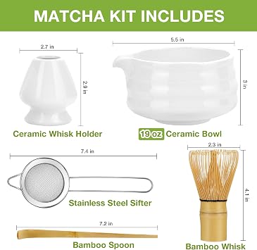 Matcha Whisk Set, Japanese Tea Set (5pcs) includes Matcha Bowl with Spout (19 oz), Bamboo Whisk and Matcha Scoop, Whisk Holder, Stainless Steel Sifter, Tea Making Tools, Matcha Kit