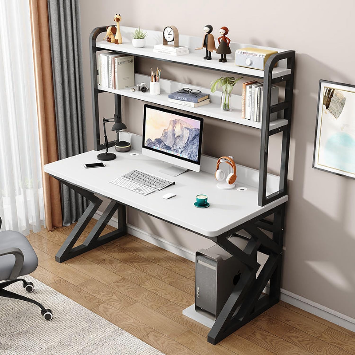 Wdsopk White Industrial Computer Desk With Sturdy Metal Frame, Modern Study And Writing Table For Students, Storage Shelves, 120X60 Cm Workspace Solution（-100X60x170cm）