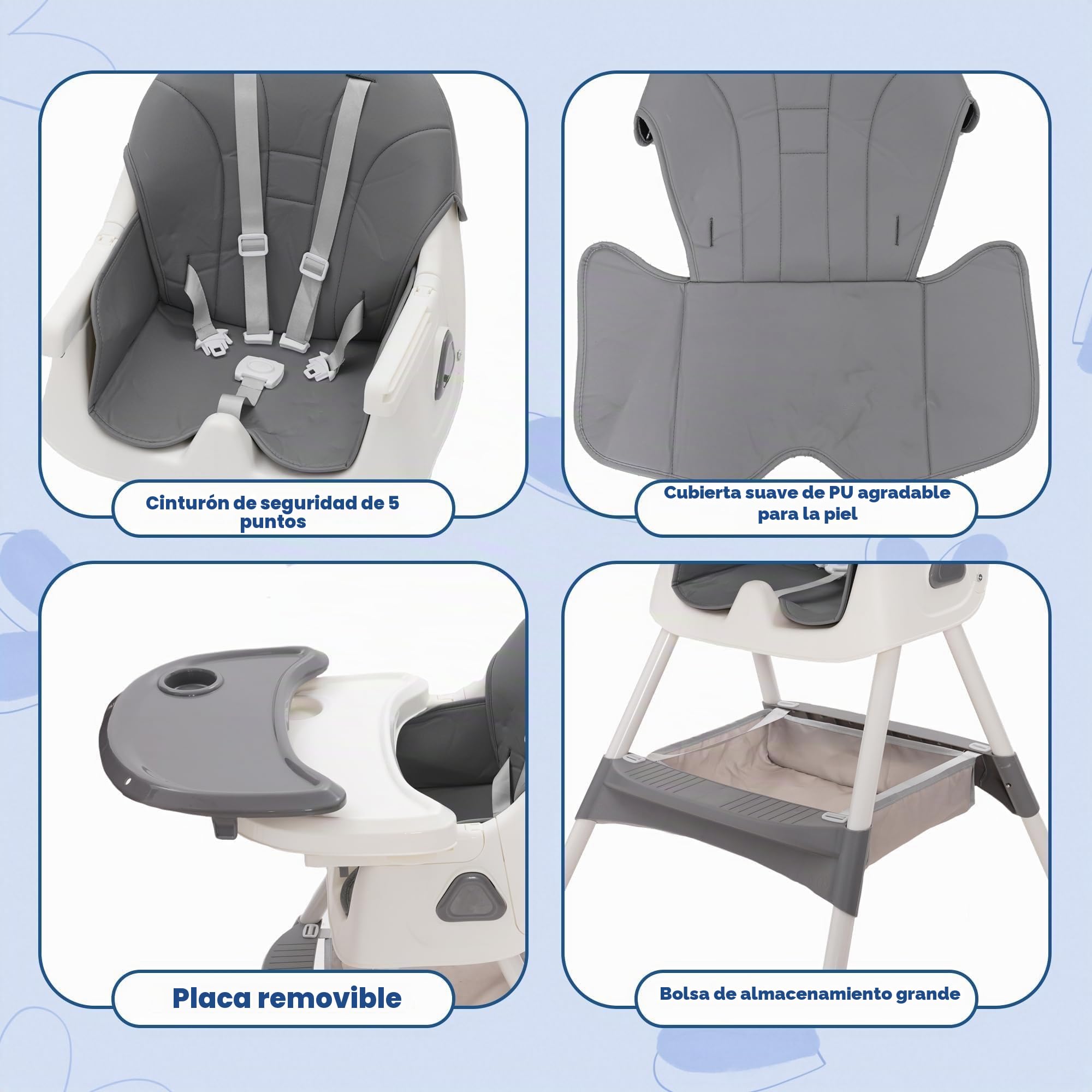 Trona bebé Plegable 3 en 1, 3 Posiciones, Reclinable con Ruedas y Doble Bandeja Extraíble, Asiento Reposapiés con Estante para Juguetes, Altura Regulable para Bebés de 6+ Meses