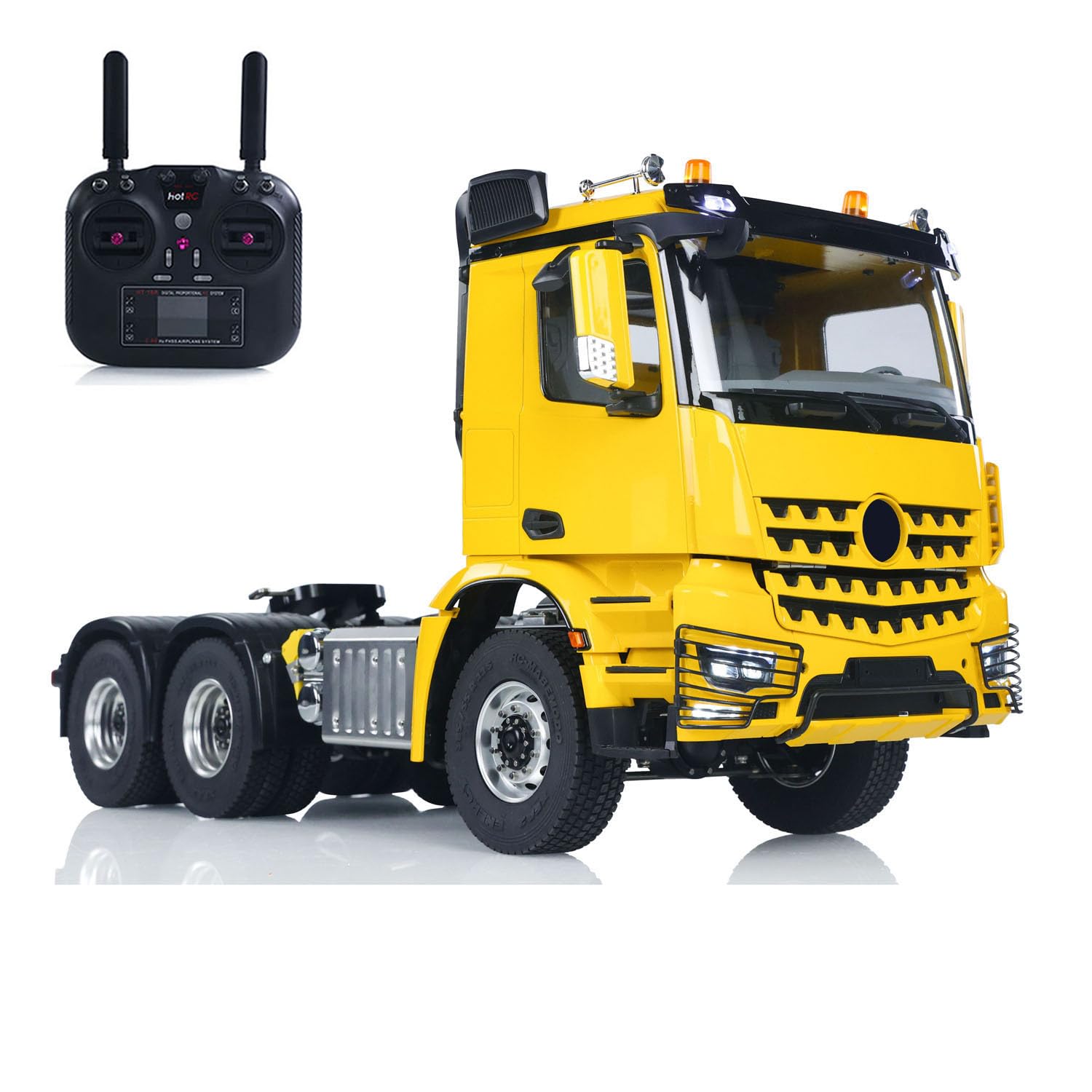 wheelfun 1/14 RC Trcuk 3363 - Modellino di auto per camion radiocomandato, in metallo, senza blocco, cambio a 2 velocità, suono luminoso, modello per adulti (giallo)