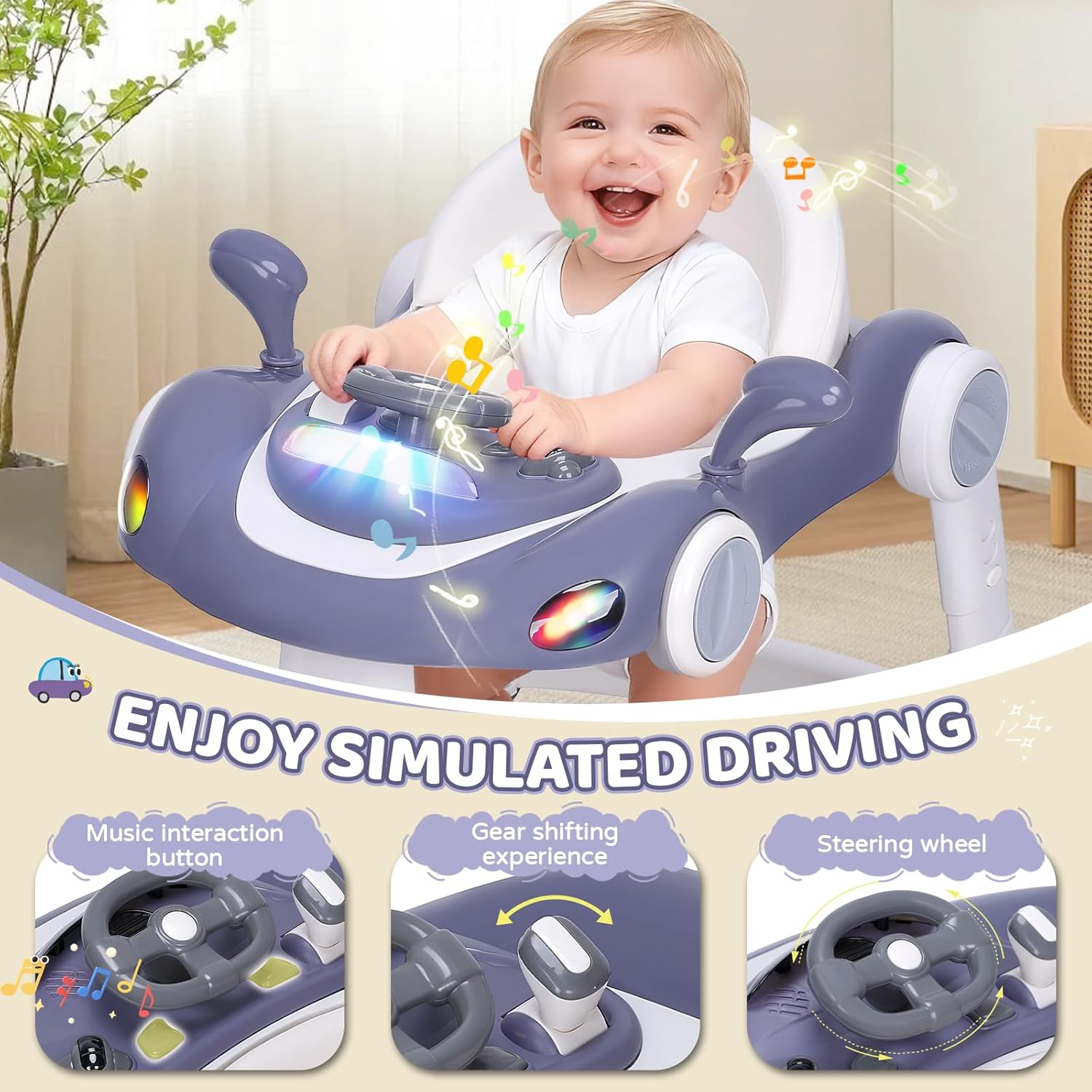 Baby Walker with Wheels, 5-in-1 Foldable Infant Toddler Walker for Boys Girls 6-18 Month, Music Walker for Baby with Car Steering Wheel &Removable Footrest,Baby Push Walker Dark Blue - Image 4