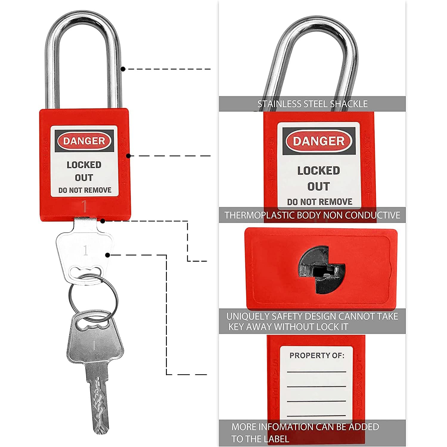 SAFBY 100 cerraduras de etiquetado de bloqueo diferentes con 100 etiquetas de bloqueo - Candados seguros de loto para bloquear estaciones y dispositivos de etiquetado