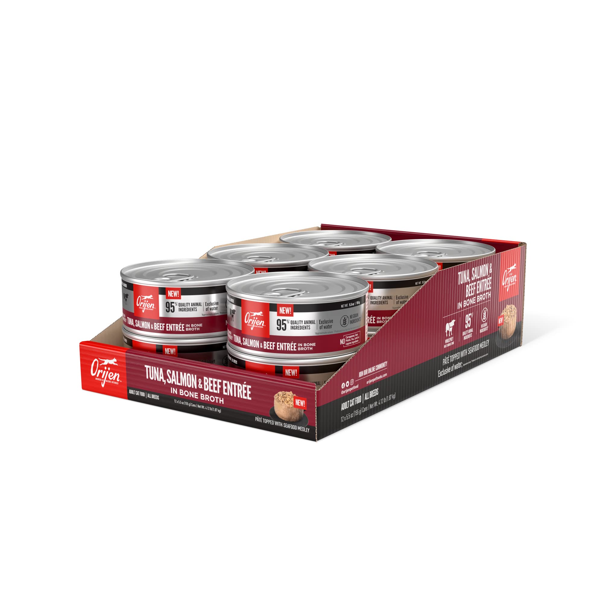ORIJENPremium Pate Wet Cat Food in Bone Broth Tuna Salmon & Beef Entrée 5.5oz Cans (12 Count)