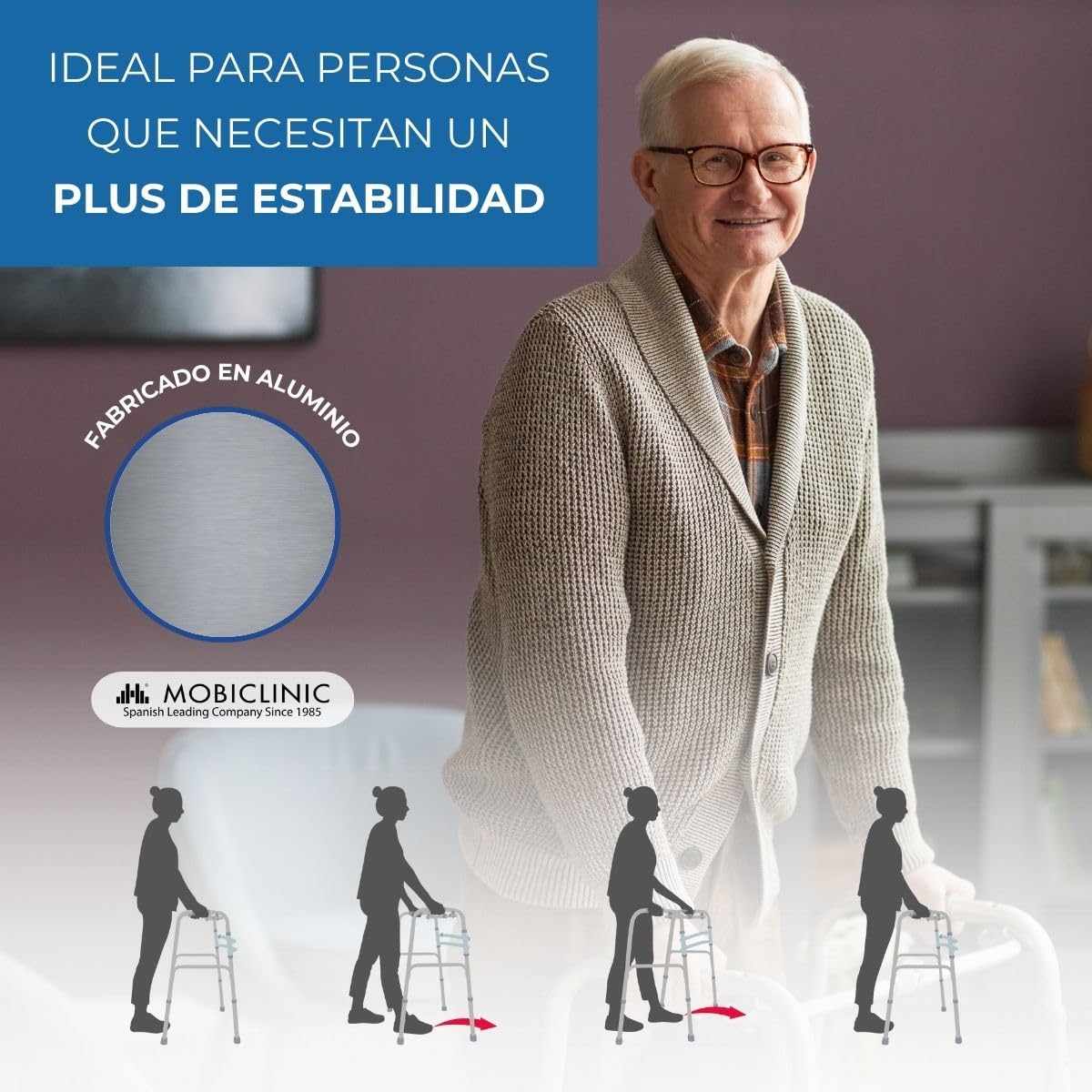 Mobiclinic®, Andador Plegable, Sin Ruedas, Mezquita, Ayuda a la Movilidad, Conteras Antideslizantes, Regulable en Altura, Plegable, Aluminio, Ultraligero, Peso Máximo 100 kg