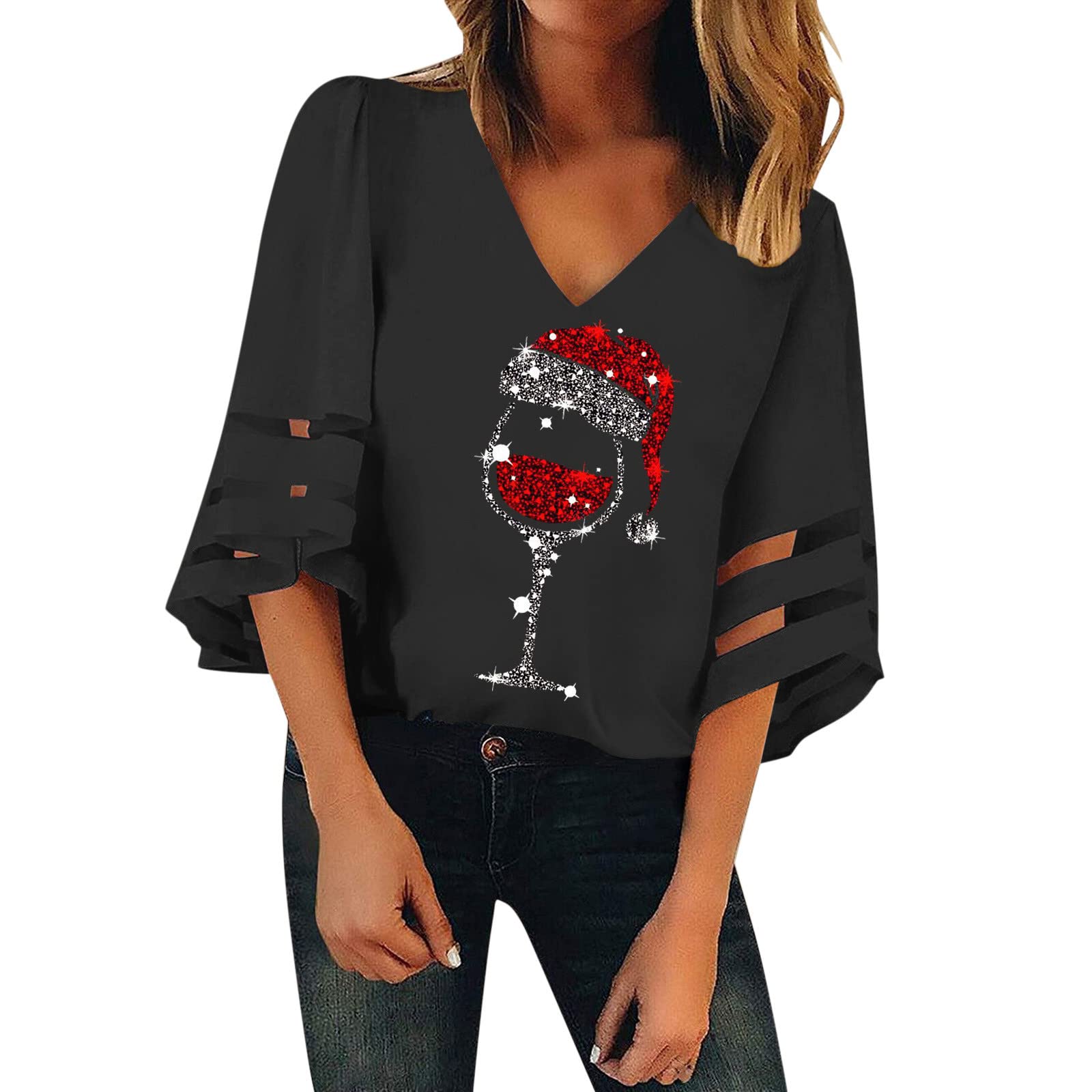 Chemisier Femme Décontracté Col V En Maille - Manches 3/4 - Style Tendance Pour Noël Et Hiver
