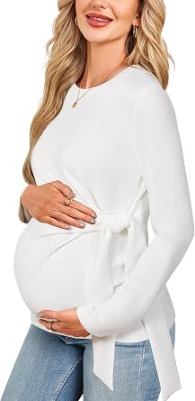 OUGES Womens Bow Tie Waist Maternity Shirts Long Sleeve Pregnancy Tops Crew Neck Fall Winter Elegant Business Blouse