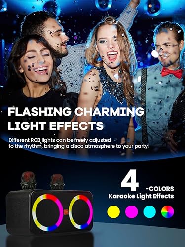 Miniatura 4 de BONAOK Máquina de karaoke para niños y adultos, altavoz Bluetooth portátil con dos micrófonos inalámbricos, luz LED para fiestas interiores y