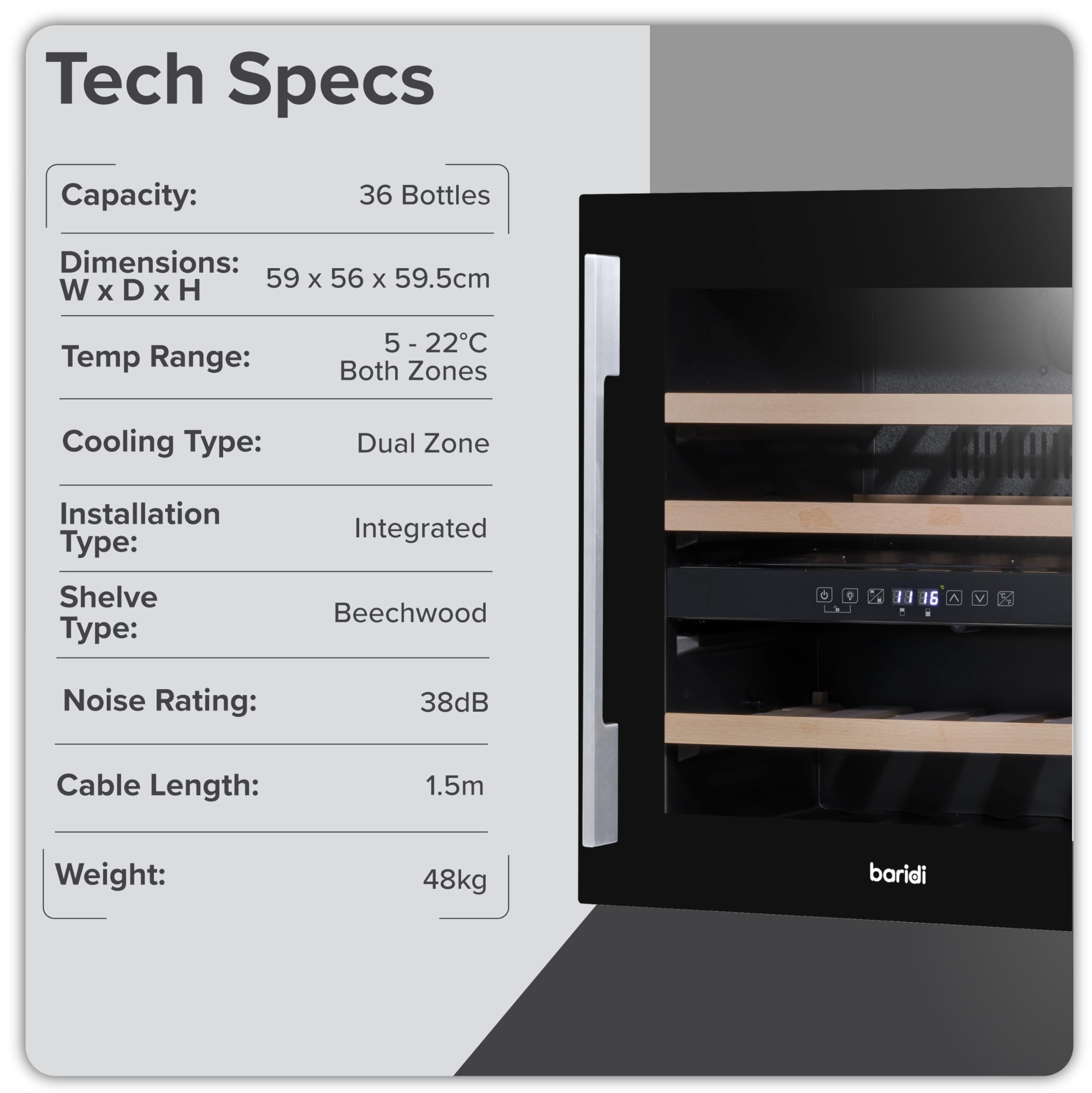 Dellonda Baridi 60cm Built-In 36 Bottle Wine Cooler with Beech Wood Shelves and Internal LED Light, Black - DH117 — view 8