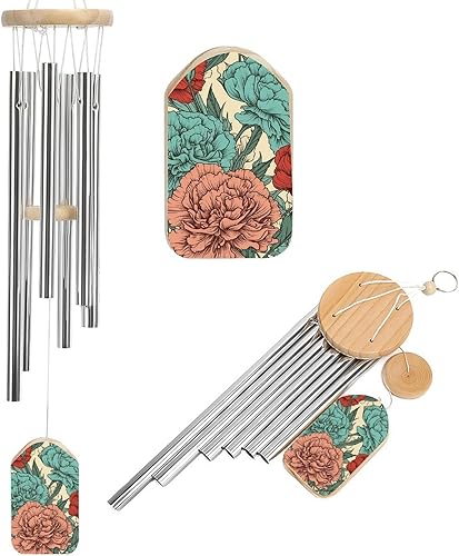 Miniatura 9 de Campanillas de viento de aluminio de 20.5 pulgadas para exteriores, verde azulado y estampado de flores, con 6 tubos de aluminio, campanillas