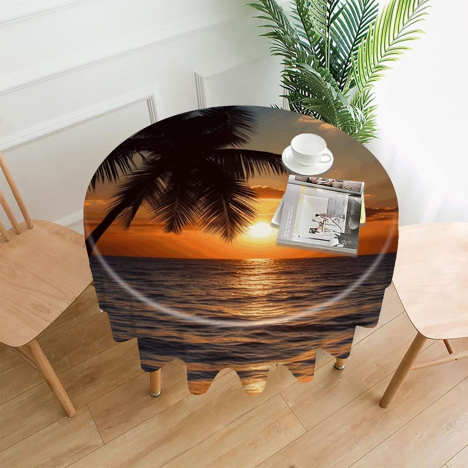 VstaDank Sunset Palm Tree Ocean Table Cloth Fashions Washable Round Tablecloth Decorative Table Cover Comfortable Straight Edge Tablecover for Dining Kitchen Party Outdoor 60 Inch