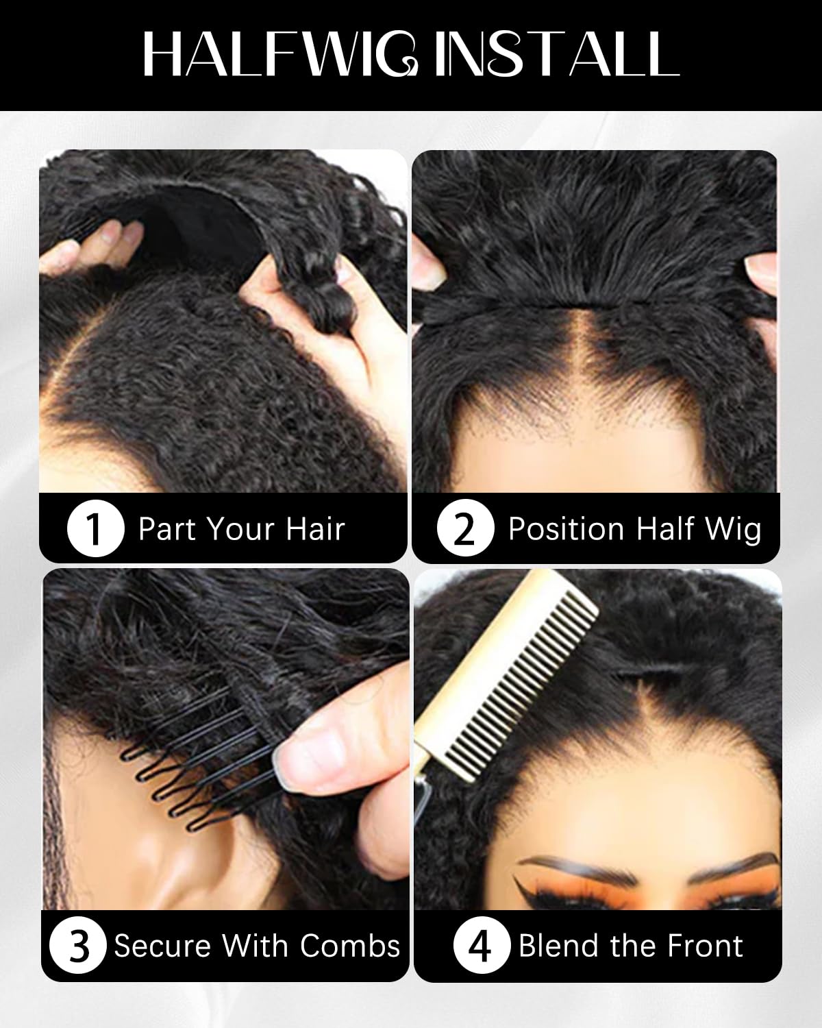 Burmese Curly Half Wigs Human Hair Glueless Flip Over Half Wigs Wear Go Drawstring Wigs For Black Women Beginner Friendly No Glue No Sew 180% Density 22inch Natural Black