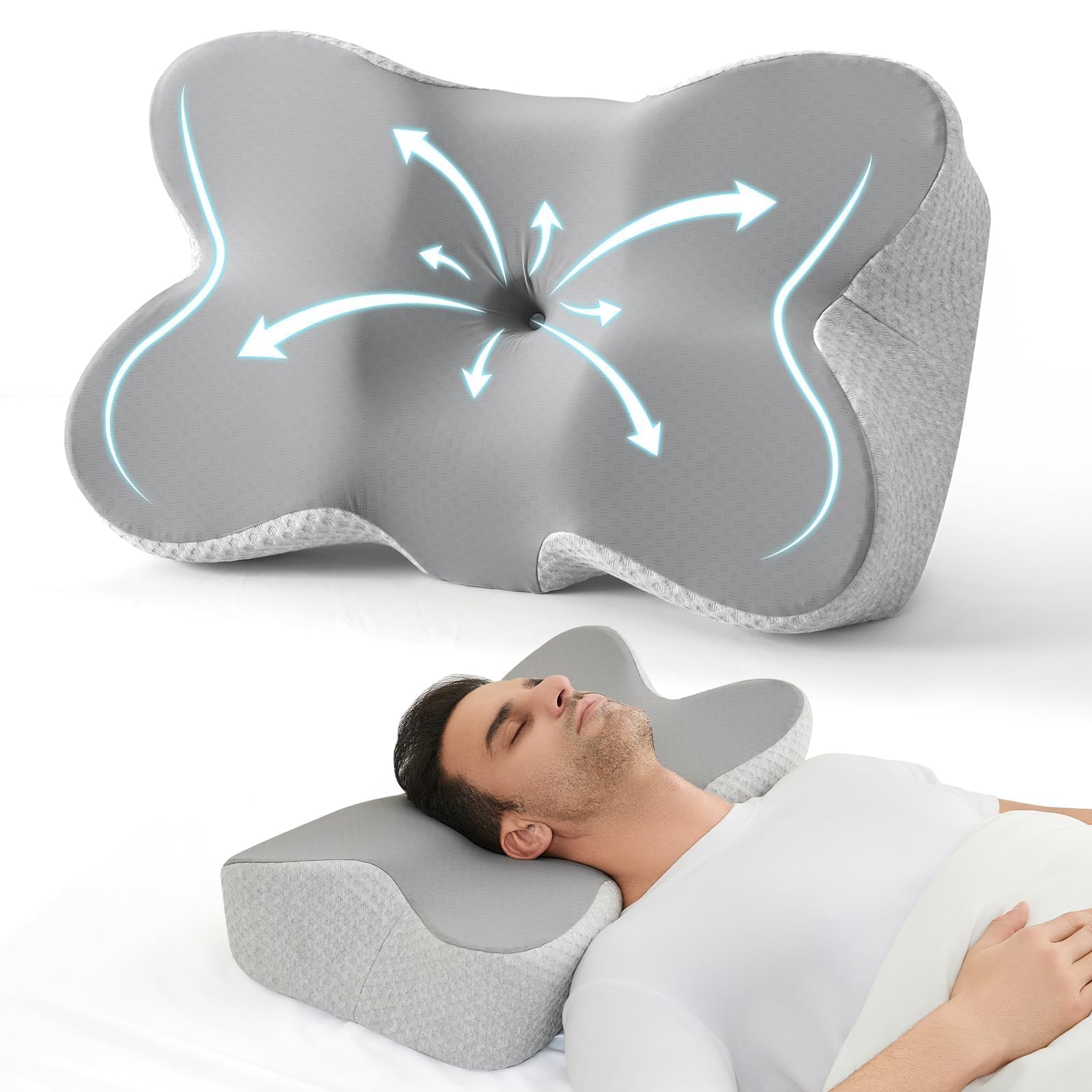 JOLLYVOGUE Cervical Neck Pillow for Pain Relief - Contour Memory Foam Bed Pillow with Cooling Pillowcase, Ergonomic Design for Side Back Stomach Sleepers