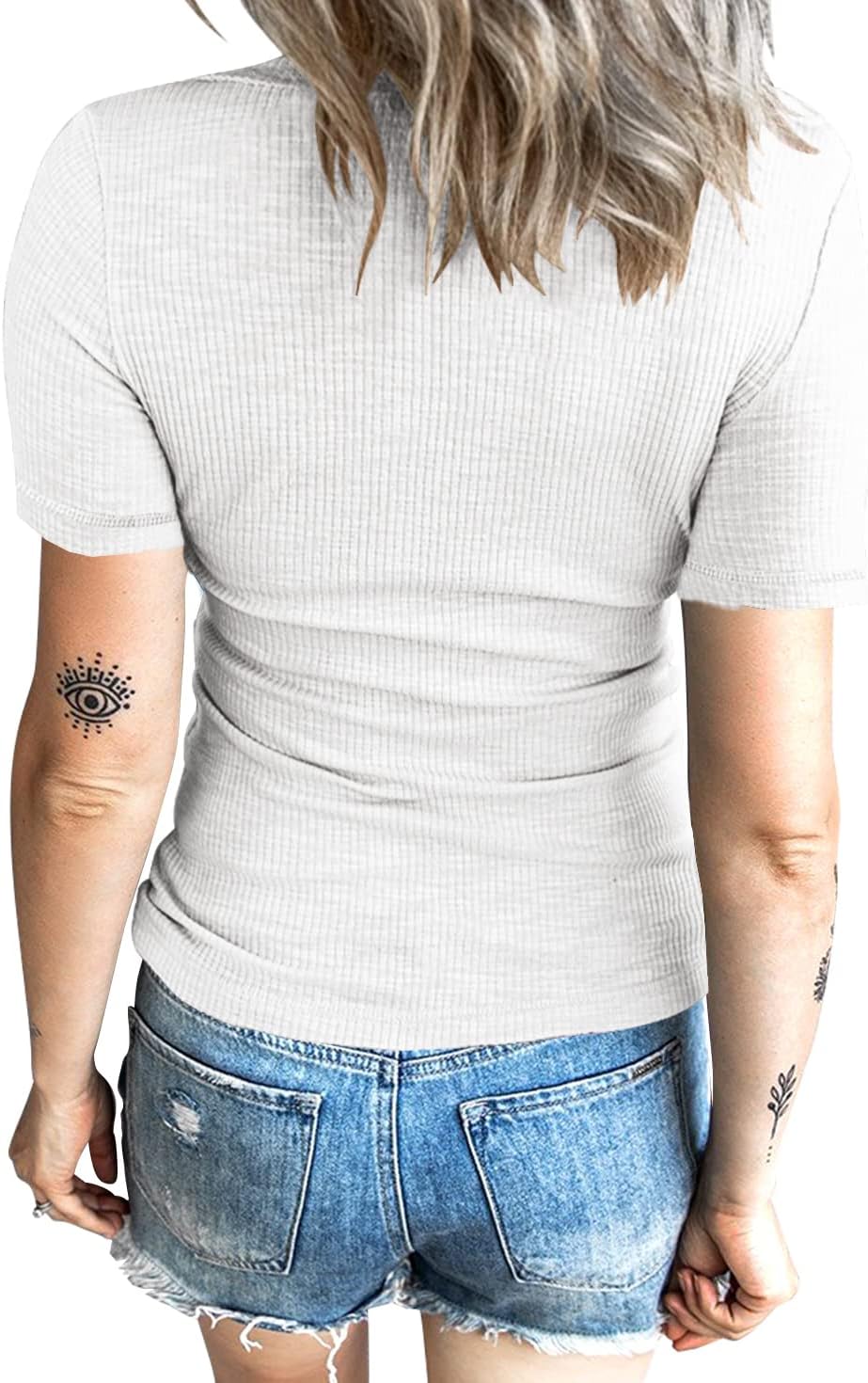 KINLONSAIR Women’s Short Sleeve Henley T Shirts Button Down Slim Fit Tops Scoop Neck Ribbed Knit Shirts - Image 2