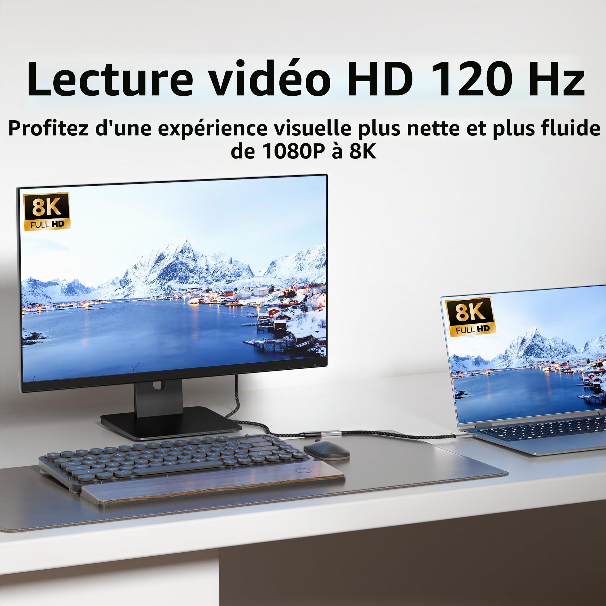 long 3 M Rallonge USBC Compatible Thunderbolt 5/4/3,USBC Extension 40Gbps Transfert de Données,Rallonge Type C Mâle-Femelle 240W Charge Rapide,8K@120Hz Pour Moniteur,SSD,Docking.