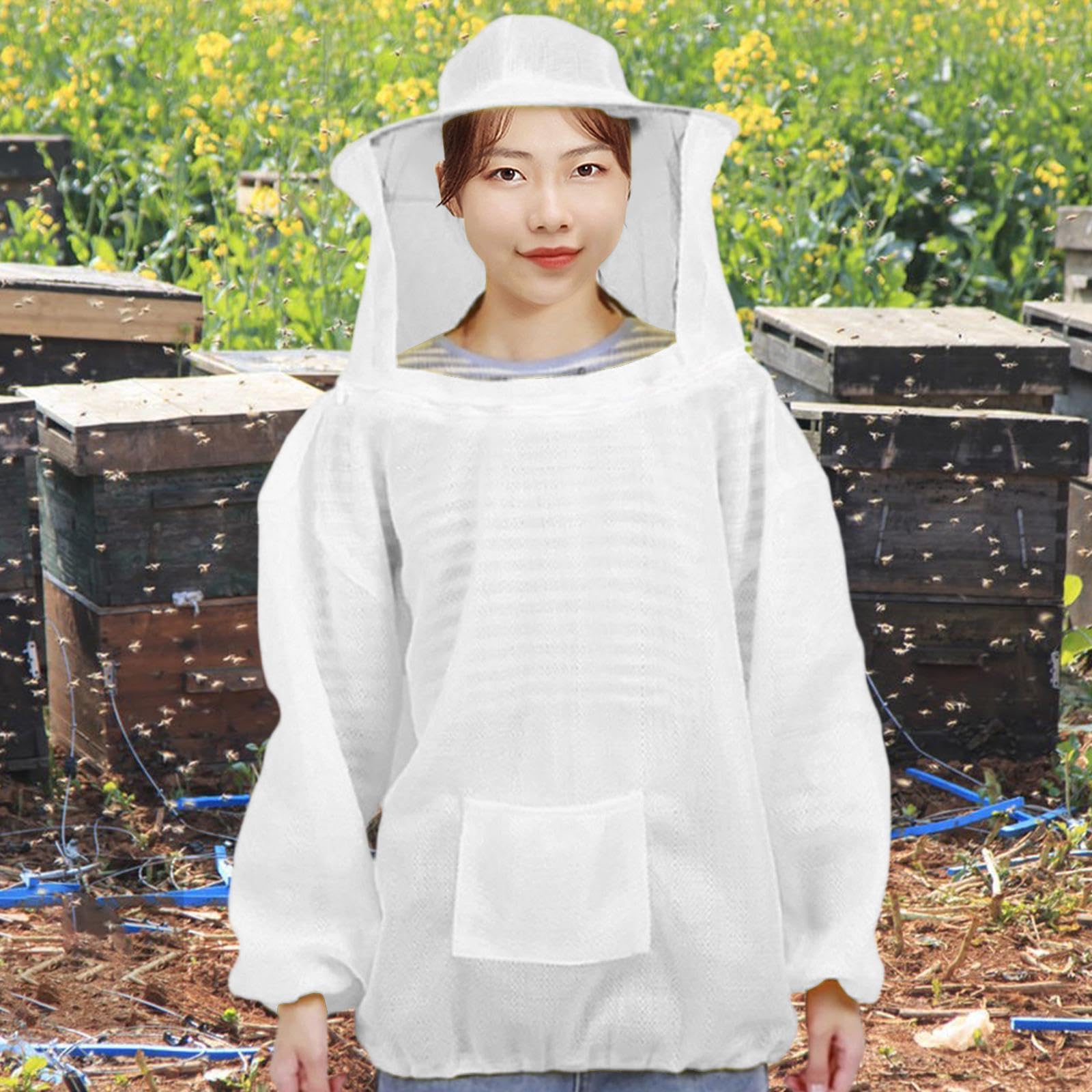 Tuta da Apicoltore Costume da Lavoro Giacca con Cappuccio Indumento Protettivo Integrato con Design Ventilato Adatta per Apicoltori Uomini, Bianco